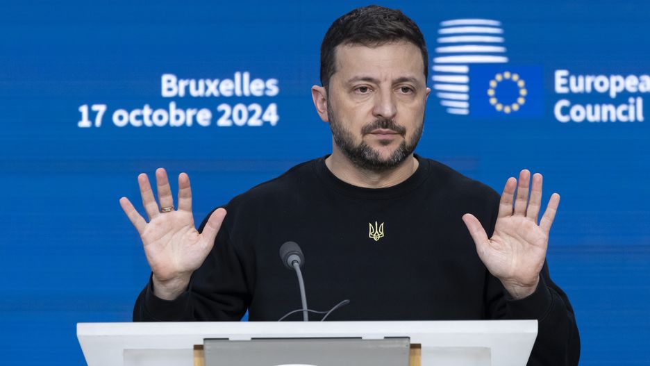 President of Ukraine Volodymyr Zelenskyy addresses a press conference during his visit at the European Council Summit, the EU leaders meeting at the headquarters of the European Union. The Ukrainian President responded to questions from journalists of international media, focusing on the victory plan and NATO. Brussels, Belgium on October 17, 2024 (Photo by Nicolas Economou/NurPhoto via Getty Images)