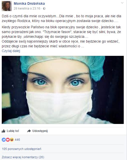 Post na Facebooku opublikowany przez Monikę Drobińską