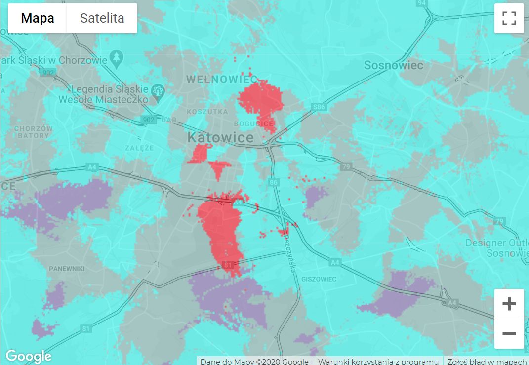 Zasięg sieci 5G Plusa w Katowicach