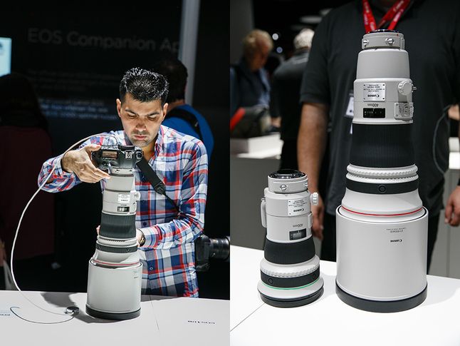 Warto też zwrócić uwagę na dwa teleobiektywy od ogniskowej 400 mm: Canon 400 mm f/2.8L EF IS II USM oraz nowy, mniejszy brat EF 400mm f/4 DO IS II USM. Konstrukcja tego pierwsze składa się z 16 elementów w 12 grupach i waży 3850 g.