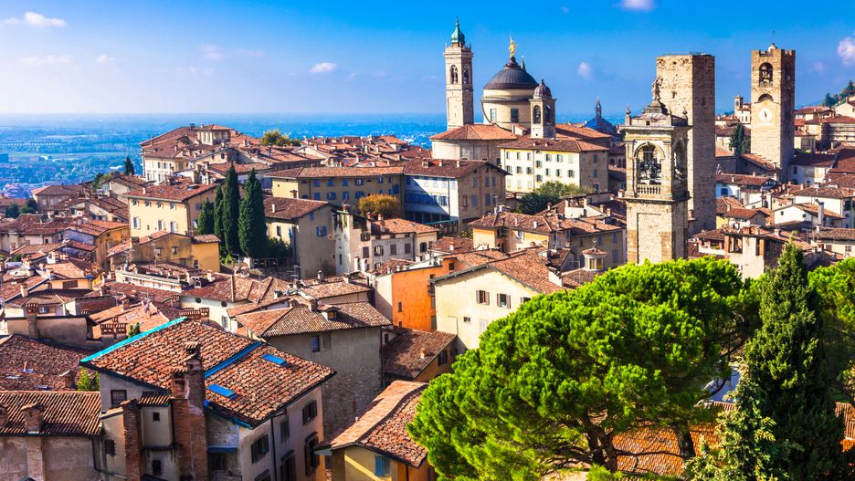 bergamo, lombardia, travel, italy, lombardy, medieval, architecture, landmark, hill, italian, tower, hill top, destination, town, view, typical, tiles, red, european, holiday, history, milan, touristic, roman, old, bell, top, building, historic, church, roof, center, city, sky, house, upper, romantic, ancient, scene, beautiful, attraction, touristic, vacation, europe, landscape, cityscape, skyline