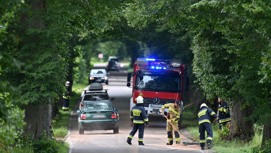 Miastko, 14.07.2024. Miejsce tragicznego wypadku na drodze Miasto-Chlebowo, 14 bm. W wypadku zginęła dziewięciolatka, trwa walka o życie 2,5-letniego chłopca. Ze wstępnych ustaleń policjantów wynika, że kierowca land rovera, podczas wyprzedzania jadącego przed nim pojazdu z nieustalonych na tę chwilę przyczyn doprowadził do sytuacji, w wyniku której kierowca samochodu marki Opel Zafira stracił panowanie nad pojazdem i uderzył w drzewo. (jm) PAP/Andrzej Jackowski ***Do tego materiału zdjęciowego dostępna jest również depesza w systemie CSI, pt.: Pomorskie/ Śmiertelny wypadek w powiecie bytowskim; nie żyje 9-latka (aktl.)***