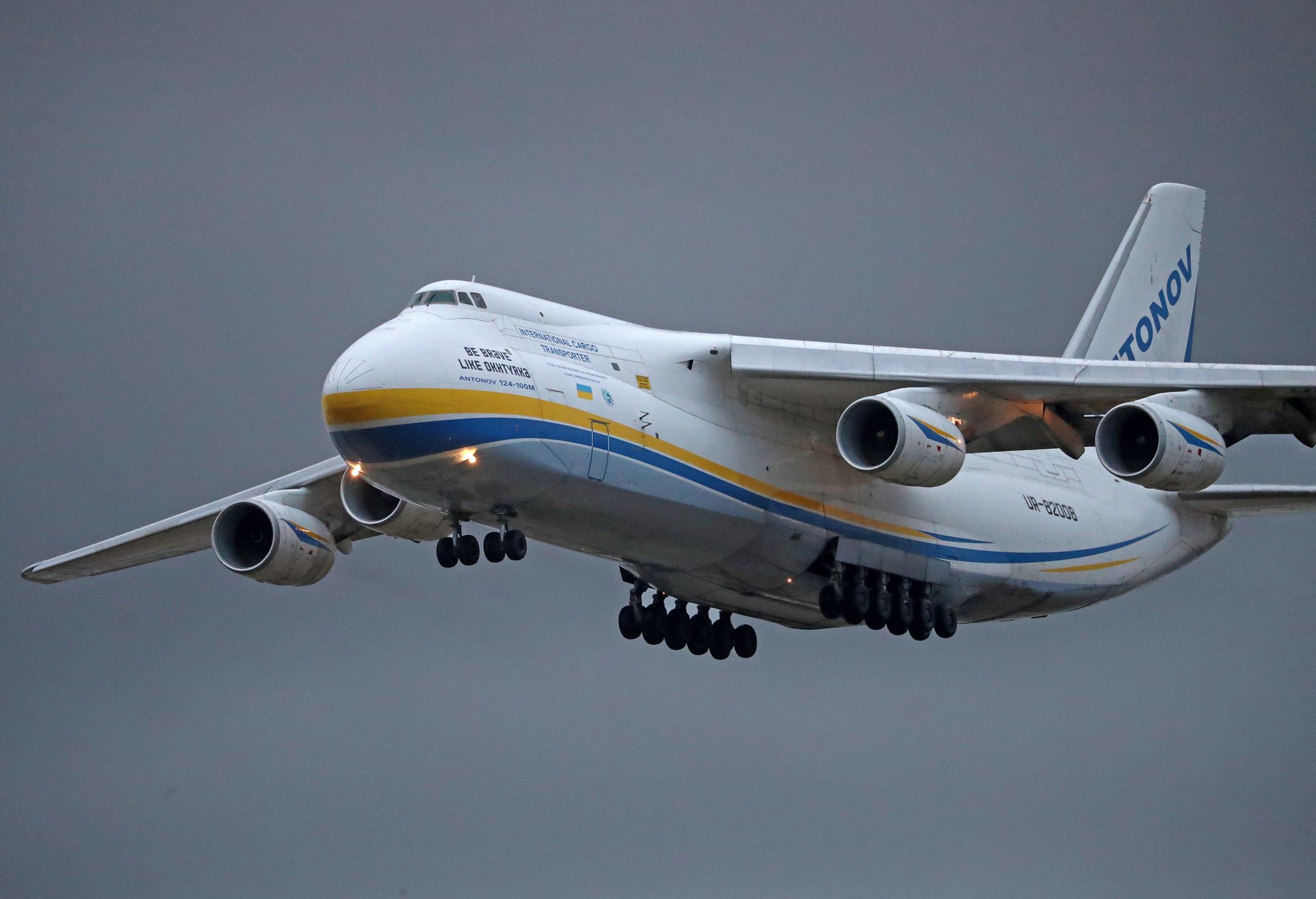 An Antonov An-124-100 is arriving at Barcelona Airport in Barcelona, Spain, on March 25, 2024, carrying one of the sailboats that will participate in the upcoming edition of the America's Cup, set to take place in the Catalan capital between August and October. (Photo by Urbanandsport/NurPhoto via Getty Images)