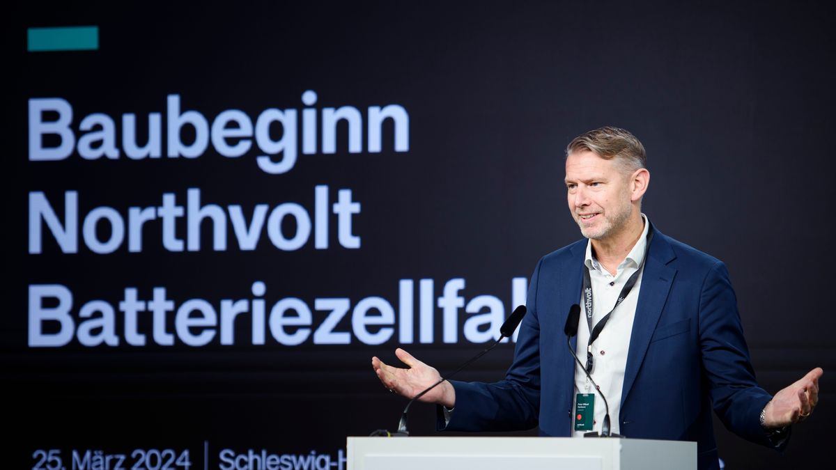 HEDWIGENKOOG, GERMANY - MARCH 25: Northvolt CEO Peter Mikael Carlsson speaks at a press event prior to the ground-breaking for the new Northvolt Gigafatctory electric car battery factory on March 25, 2024 in Hedwigenkoog, Germany. The factory, dubbed Northvolt Drei, will be powered by renewable energy and will eventually produce one million electric car batteries per year. (Photo by Gregor Fischer/Getty Images)