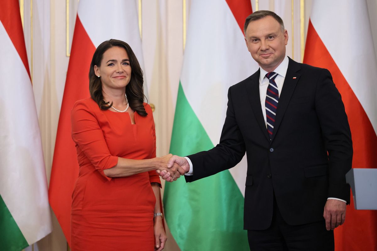 Prezydent Węgier Katalin Novak i Andrzeja Duda po spotkaniu w Belwederze w Warszawie 