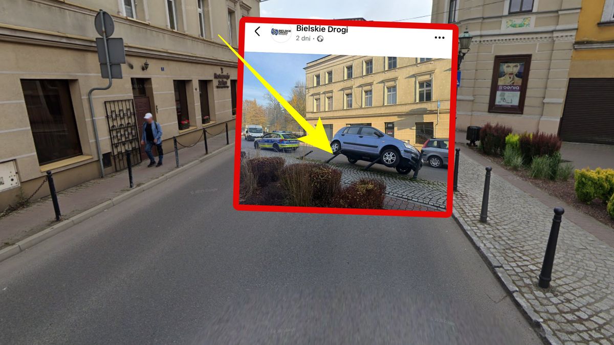 Samochód zaparkował na słupkach.