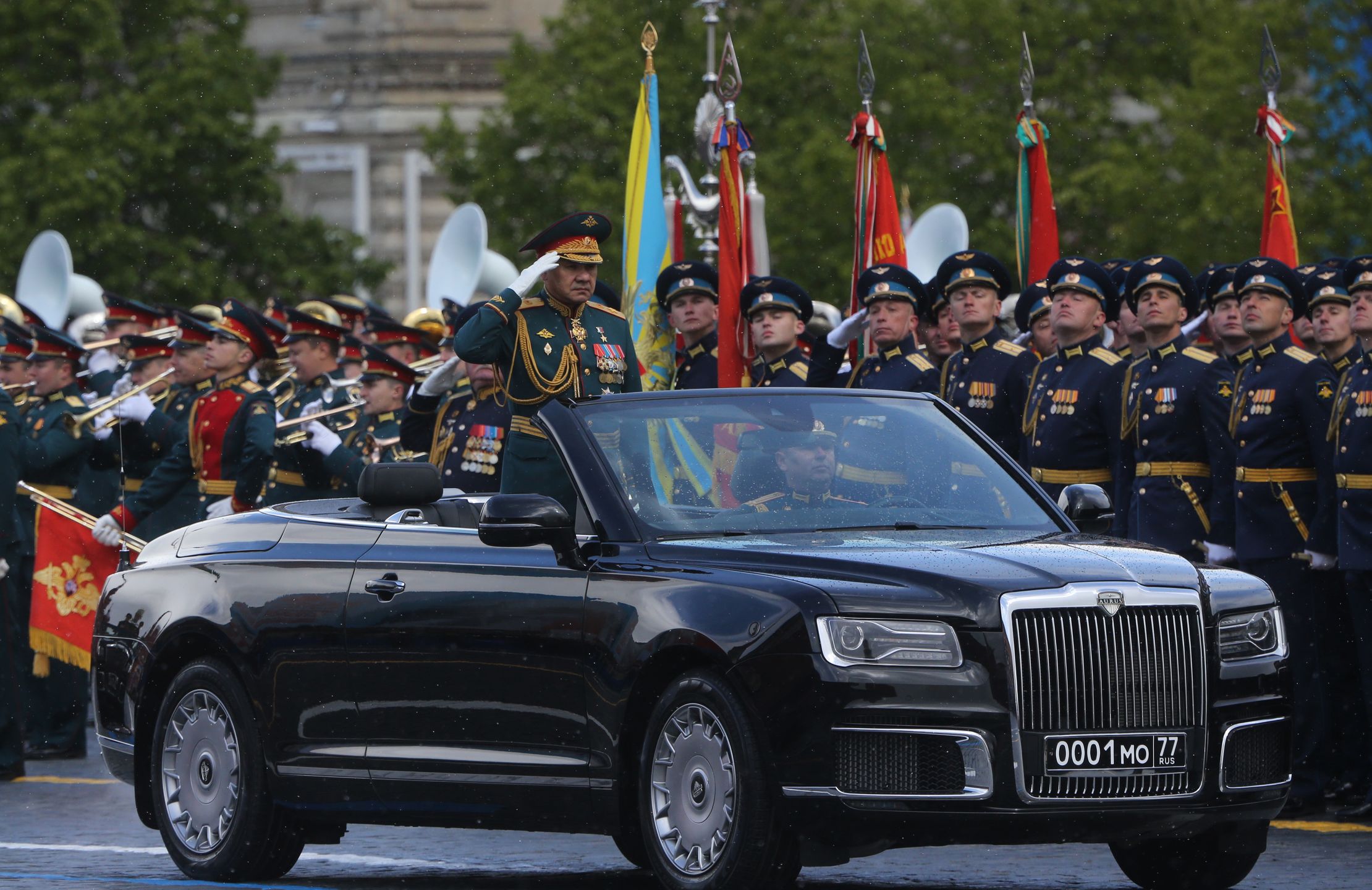 MOSCOW, RUSSIA - MAY 9: (RUSSIA OUT) Russian Defence Minister Sergei Shoigu rides an Aurus Senat cabriolette during the Victory Day parade at Red Square on May 9, 2024 in Moscow, Russia. The Victory Day Red Square Military Parade gathered 9000 military personnel and 75 vehicles. (Photo by Contributor/Getty Images)
