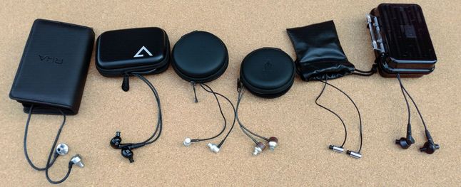 Od lewej: RHA MA750i, Mee Audio Pinnacle P2, HiFiMAN RE-400i, Meze 12 Classics, Final Audio E3000C i FiiO F5