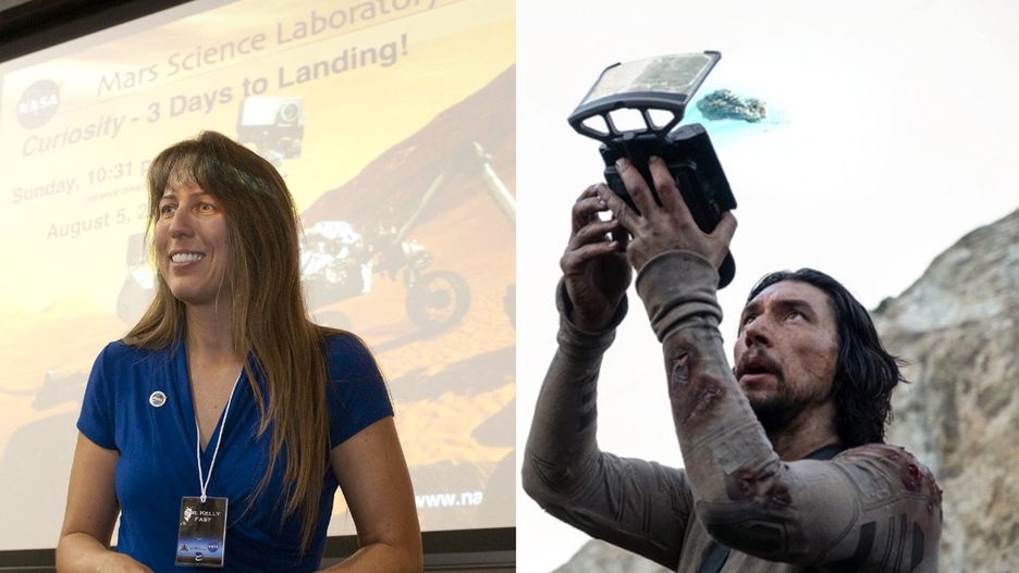 Z lewej doktor Kelly Fast z NASA, z prawej Adam Driver na planie"65"