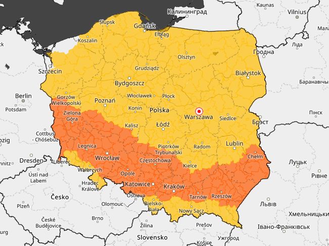 Ostrzeżenia pierwszego (kolor żółty) i drugiego stopnia (kolor pomarańczowy) przed upałami