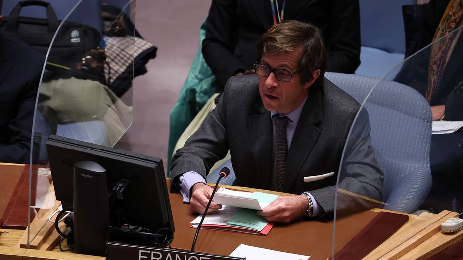 NEW YORK, NY - FEBRUARY 28: Permanent Representative of France to the United Nations (UN) Nicolas de Riviere speaks during the Security Council meeting at United Nations Headquarters in New York City, United States on February 28, 2022. (Photo by Tayfun Coskun/Anadolu Agency via Getty Images)