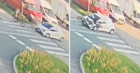 Rowerzysta nie miał szans. Moment potrącenia na pasach