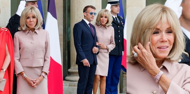 Brigitte Macron emanuje elegancją w pudrowo-różowej garsonce na spotkaniu z parą książęcą Luksemburga (ZDJĘCIA)