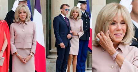 Brigitte Macron emanuje elegancją w pudrowo-różowej garsonce na spotkaniu z parą książęcą Luksemburga (ZDJĘCIA)