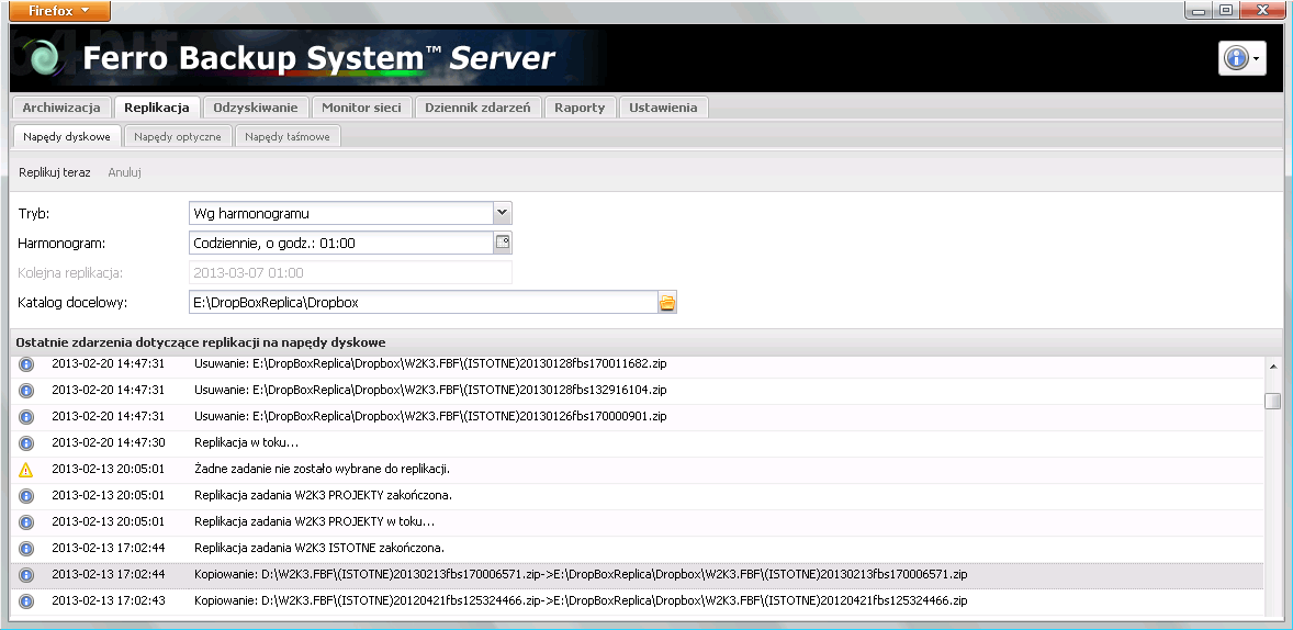 widok replikacji kopii zapasowych