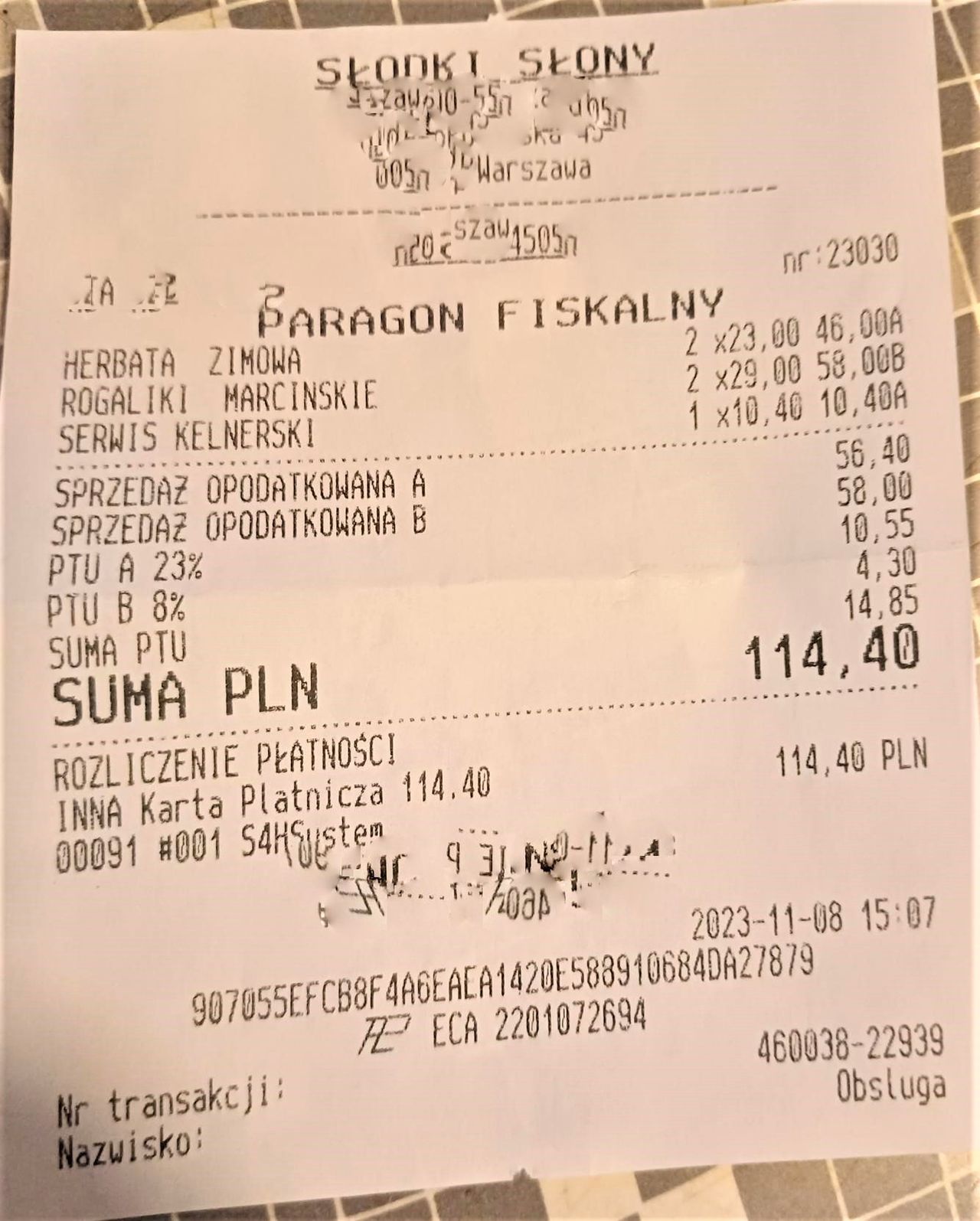 Paragon z restauracji "Słodki Słony" Magdy Gessler