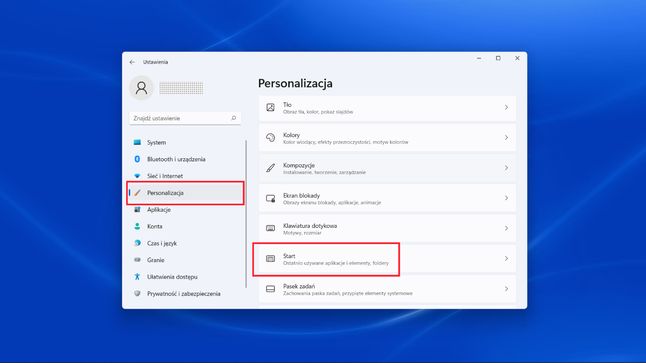 Windows 11: menu PERSONALIZACJA i następnie START