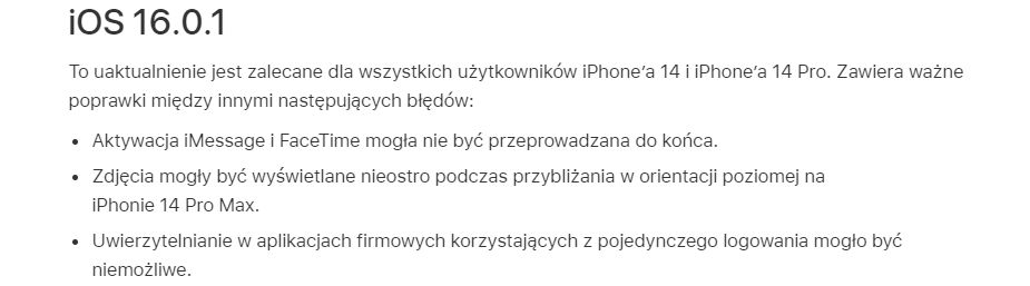 Opis aktualizacji iOS do wersji 16.0.1.