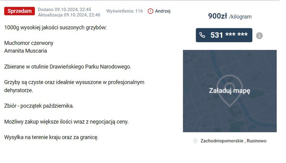 W sieci pojawiają się ogłoszenia sprzedaży i zakupu muchomora