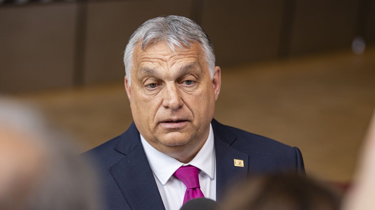 Viktor Orban Prime Minister of Hungary arrives at the special EU summit, walking next to the European flags behind the flag of Europe and talks to the media about the Russian sanctions. Special Meeting of the EU leaders, the European Council in Brussels, Belgium on May 30, 2022 (Photo by Nicolas Economou/NurPhoto via Getty Images)
