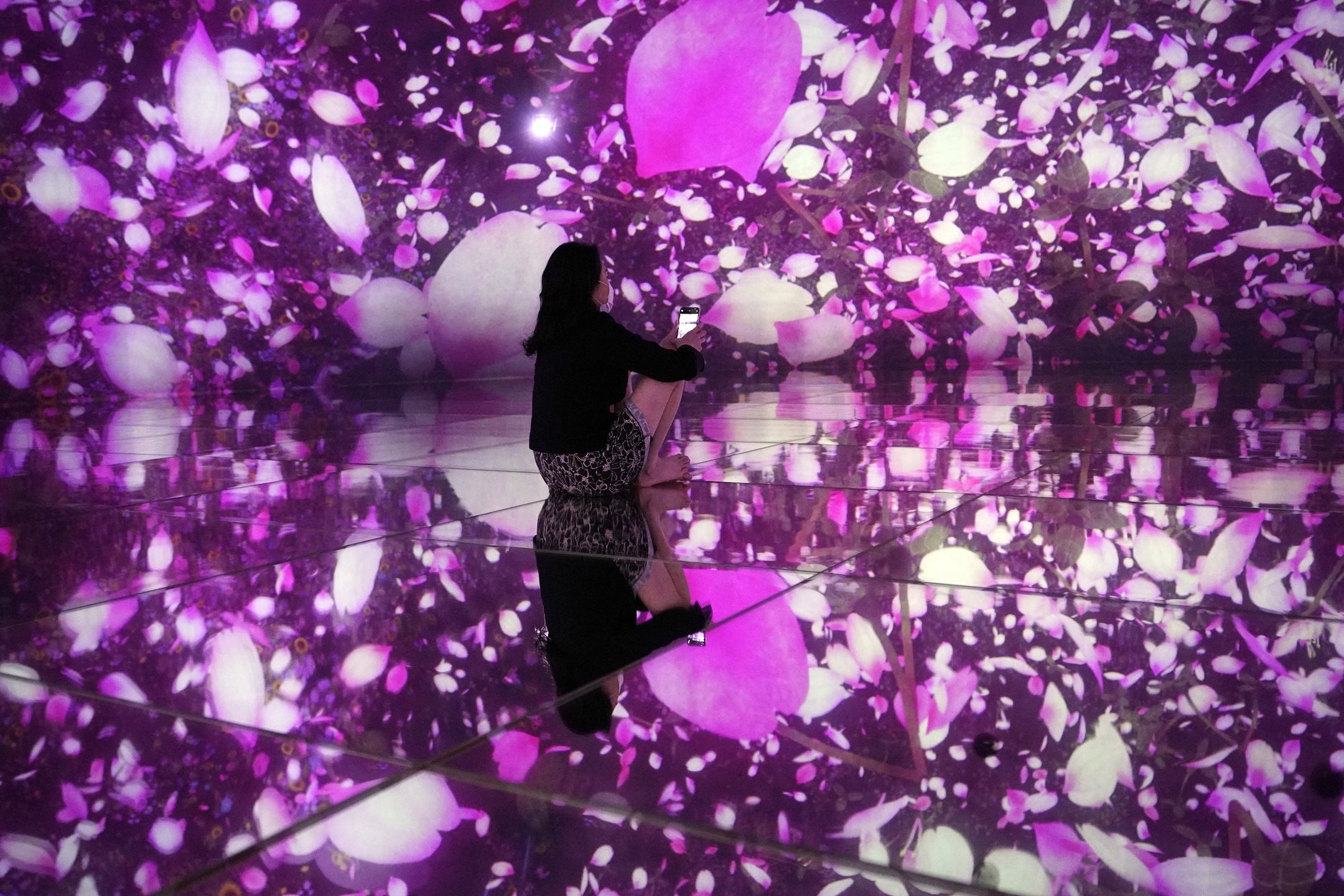 "Floating in the Falling Universe of Flowers" ​​autorstwa japońskiej grupy kreatywnej teamLab. Przykład współczesnego dzieła sztuki stworzonego na święto kwitnącej wiśni. 