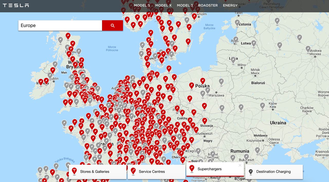 Mapa ładowarek Supercharger. (źródło: Tesla)