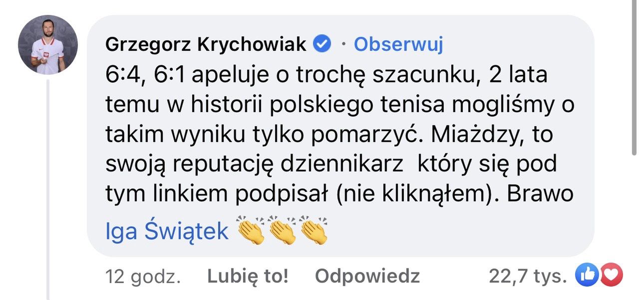 Grzegorz Krychowiak staje w obronie Igi Świątek: "Miażdży, to swoją reputację dziennikarz"