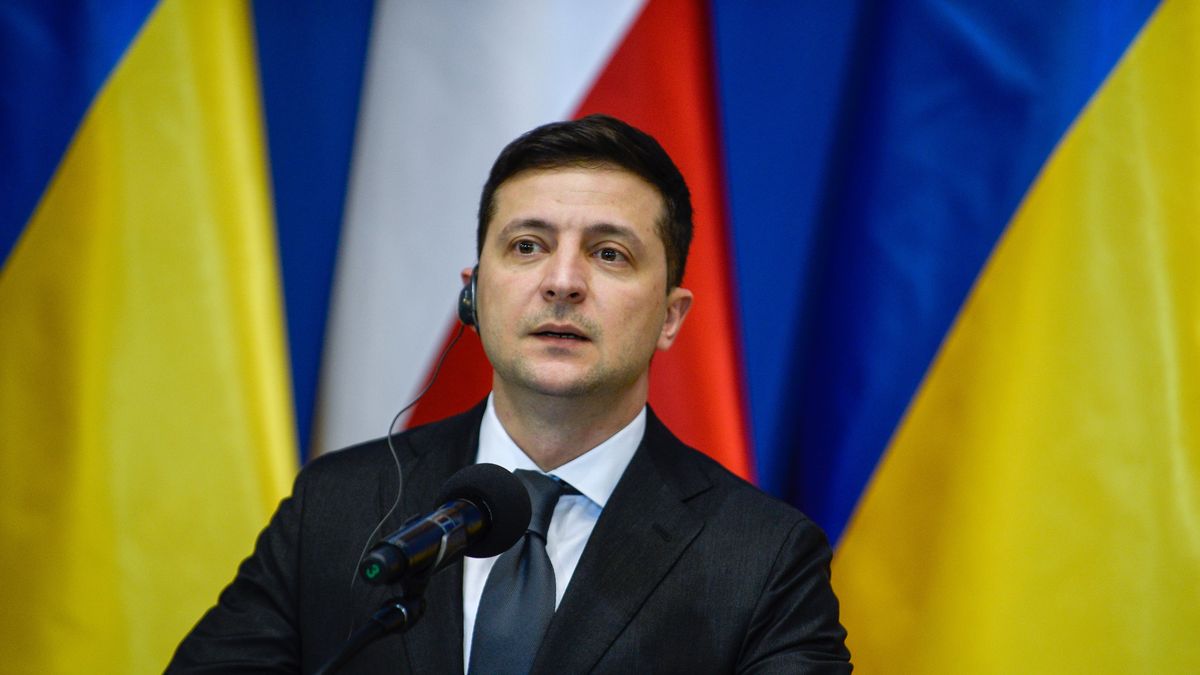 OSWIECIM, POLAND - JANUARY 27: President of Ukraine, Volodymyr Zelenski and the President of Poland, Andrzej Duda(not seen) speak to the media after plenary talks during the 75th Anniversary of Auschwitz Liberation on January 27, 2020 in Oswiecim, Poland. International leaders as well as approximately 200 survivors and their families are gathering today at Auschwitz today to commemorate the 75th anniversary of the camp's liberation. The Nazis killed an estimated one million people at the camp during the World War II occupation of Poland by Nazi Germany.(Photo by Omar Marques/Getty Images)