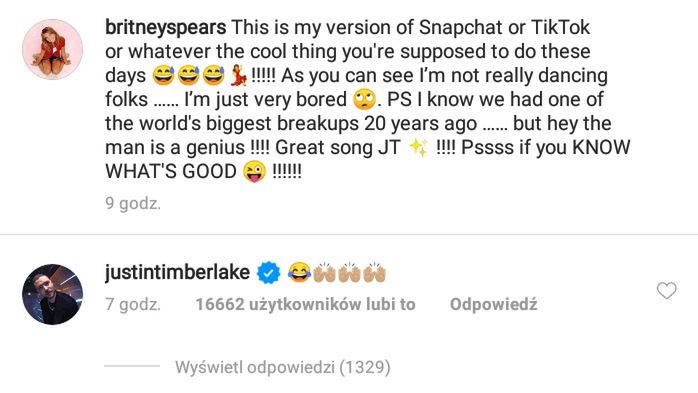 Komentarz Justina Timberlake'a pod postem Britney Spears