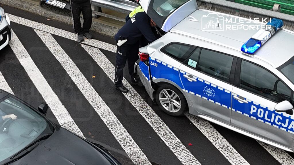 Policjant sprawdzający uszkodzenia policyjnego samochodu na drodze z wyznaczonymi pasami.