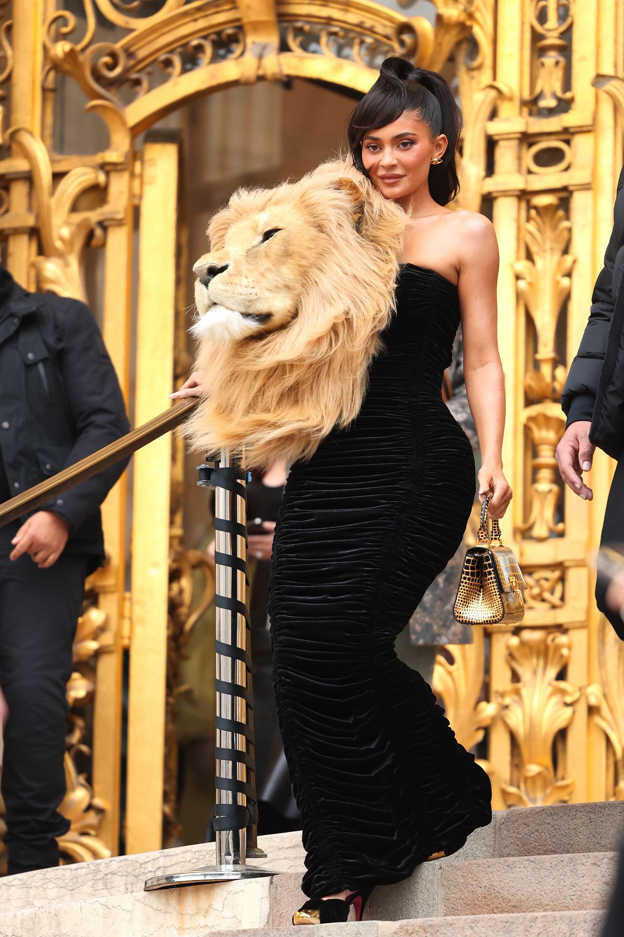 Kylie Jenner in a creation with a lion's head