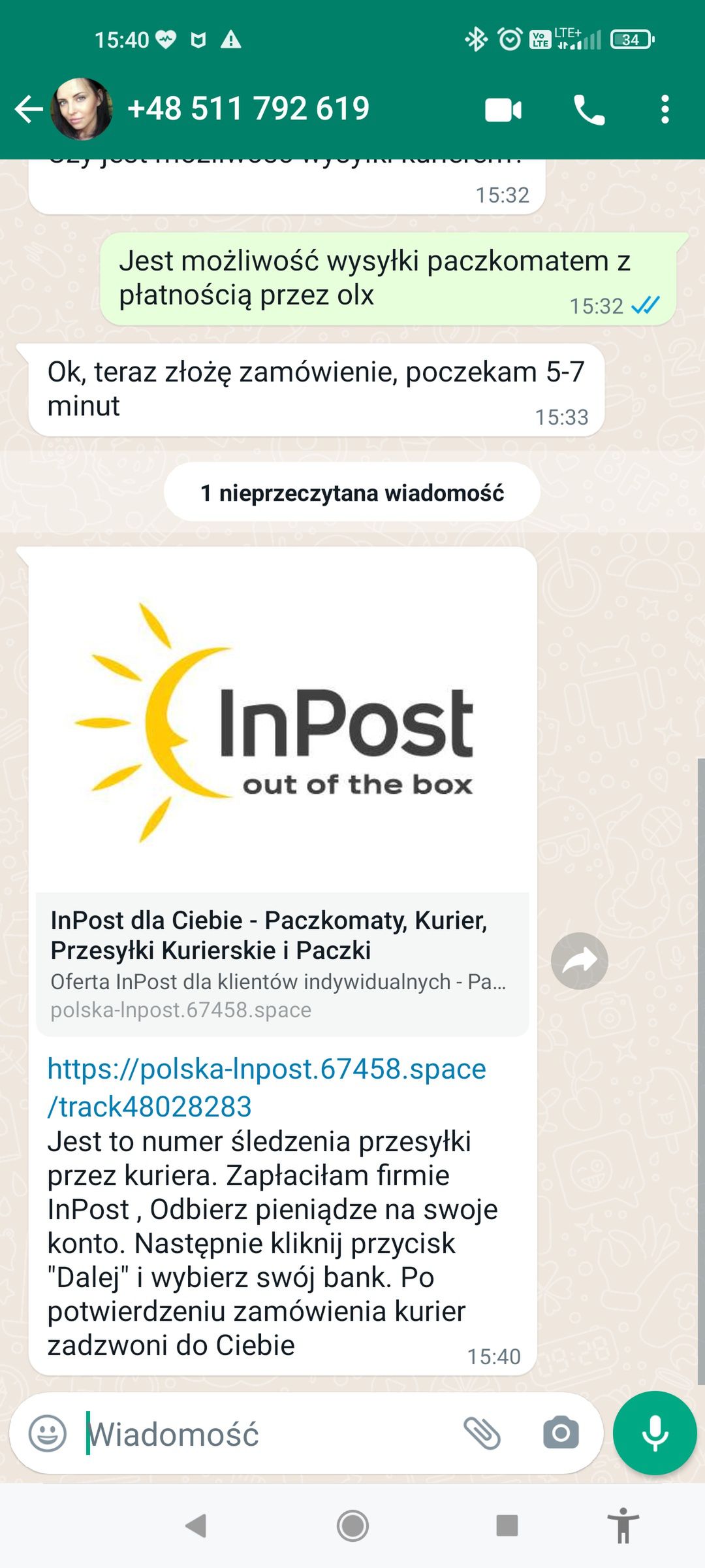 Próba oszustwa na portalu OLX, "na dostawę InPost"