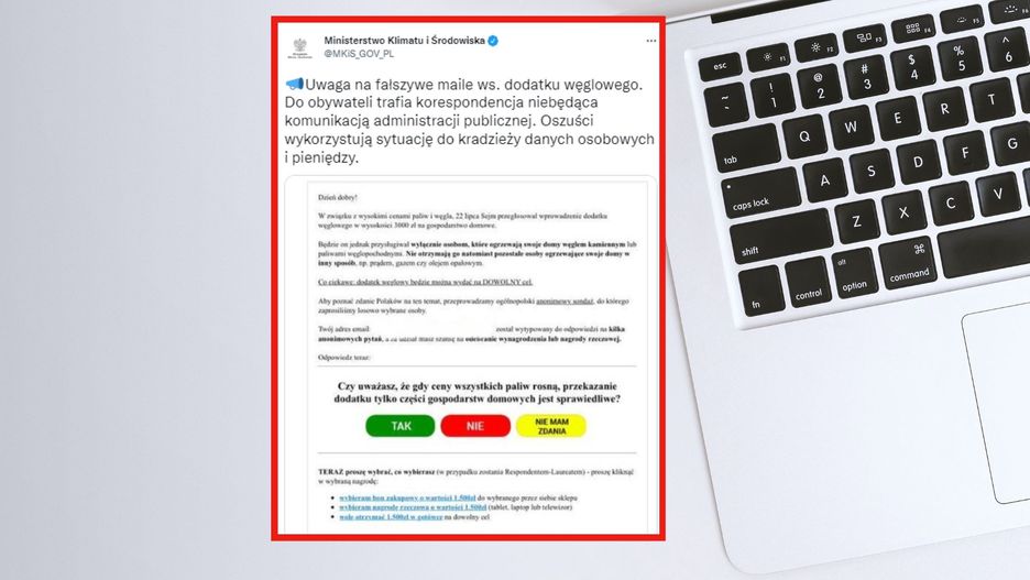 Dodatek węglowy. Resort klimatu ostrzega przed fałszywymi mailami. 