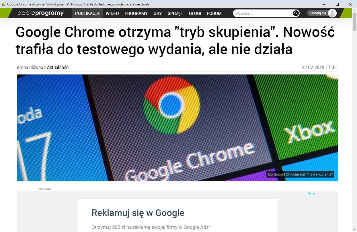 Tryb skupienia w Chrome: wybrana karta jako nowe okno bez pasków nawigacyjnych w górnej części.
