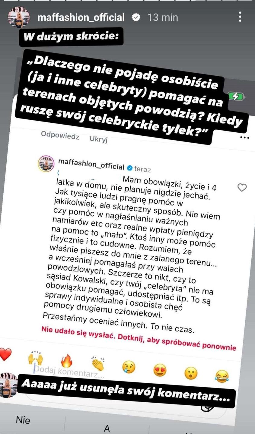 Maffashion została wywołana do tablicy ws. pomocy powodzianom