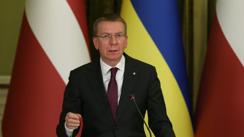 KYIV, UKRAINE - NOVEMBER 24: Latvian President Edgars Rinkevics speaks during a joint press conference with Ukrainian President Volodymyr Zelenskyy (not pictured) on November 24, 2023 in Kyiv, Ukraine. Latvian President Edgars Rinkevics visited Ukraine to show support and discuss the continued delivery and production of ammunition and armaments. (Photo by Viktor Kovalchuk/Global Images Ukraine via Getty Images)