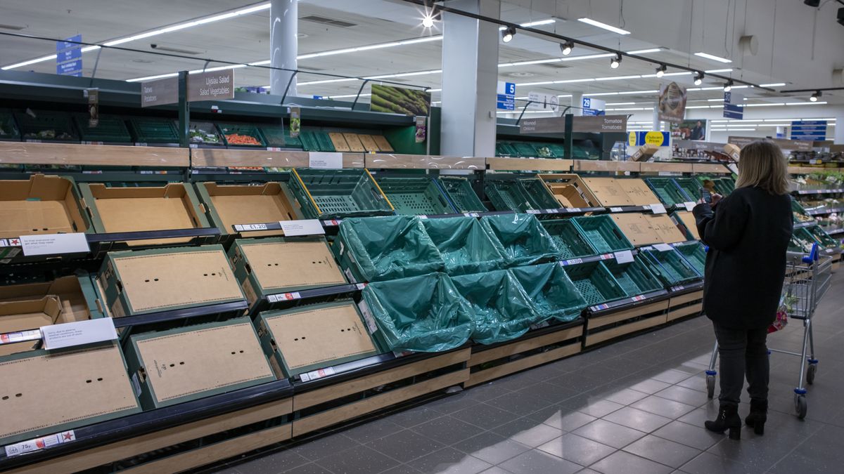CARDIFF, WALES - FEBRUARY 25: A woman photographs empty shelves in a supermarket on February 25, 2023 in Cardiff, Wales. Aldi, Asda, Morrisons and Tesco have placed limits on the number of tomatoes, cucumbers and peppers customers can purchase due to shortages. The UK government has said this is due to extreme weather in Spain and north Africa which has affected harvests. (Photo by Matthew Horwood/Getty Images)
