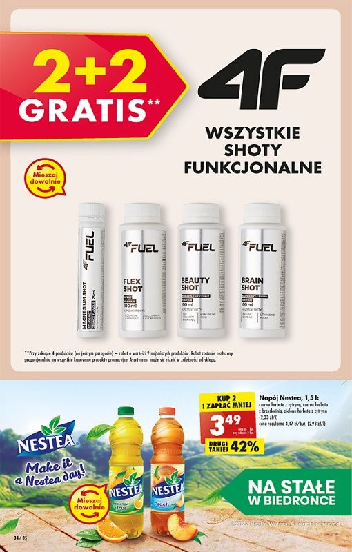 Oferta Biedronka od 5.12: wszystkie shoty 4f 2+2 gratis, napój nestea