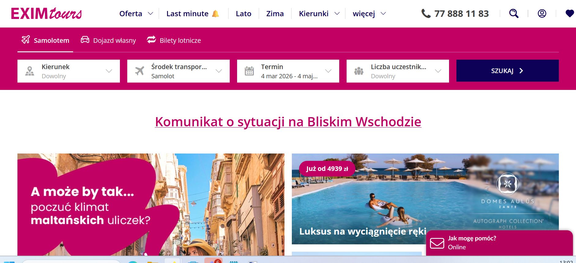 Biuro podróży Exim Tours na stronie głównej zamieściło odnośnik 