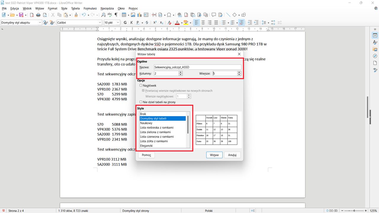 LibreOffice Writer: menu Wstaw Tabelę