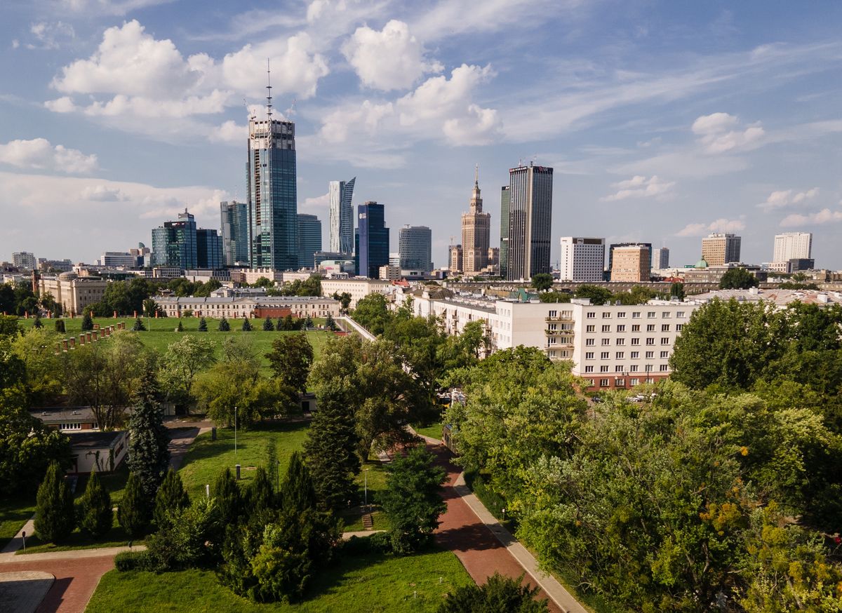 A drone view of skyscrapers in the center of Warsaw, Poland, on 28.07.2021
(Photo by Foto Olimpik/NurPhoto via Getty Images)