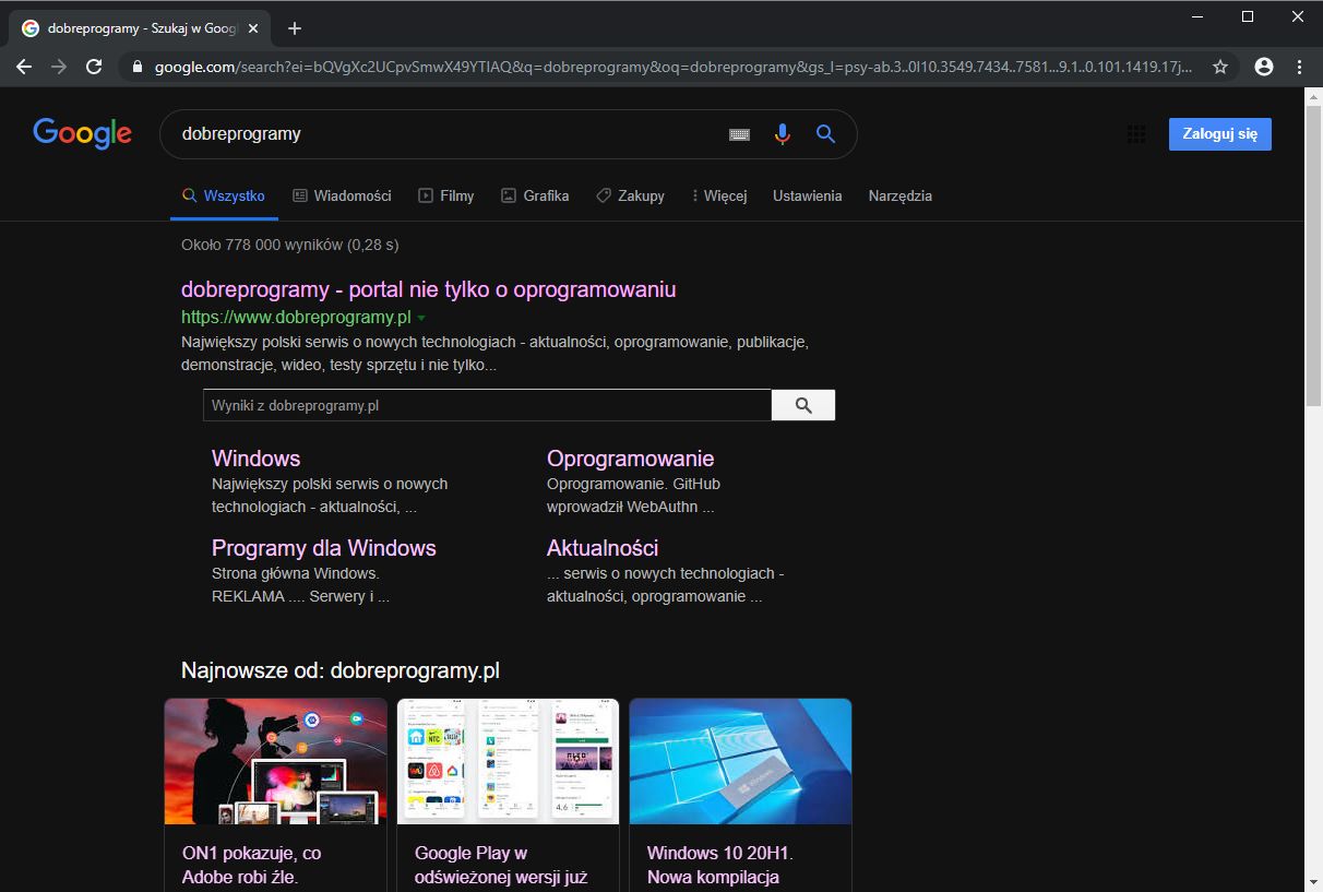 Wyszukiwarka Google jako przykład po zmianie kolorów.