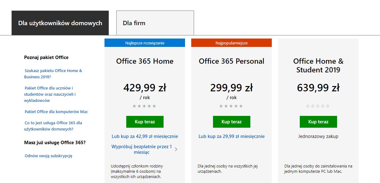 Oficjalne ceny Office'a 365 i 2019 dla użytkowników domowych, źródło: Microsoft.