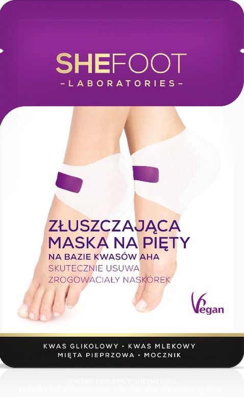 Złuszczająca maska na pięty SHEFOOTTkanina maseczki nasączona jest kompozycją składników o silnym działaniu złuszczającym, zmiękczającym i wygładzającym naskórek. W masce znajdziemy m.in. kwas glikolowy, kwas salicylowy, kwas mlekowy, mocznik oraz bogate w kwasy owocowe ekstrakty z cytryny, pomarańczy i czarnych jagód. Zaletą maski jest także jej łatwa w stosowaniu forma – tkaninową opaskę zakładamy wyłącznie na zrogowaciałe pięty.
