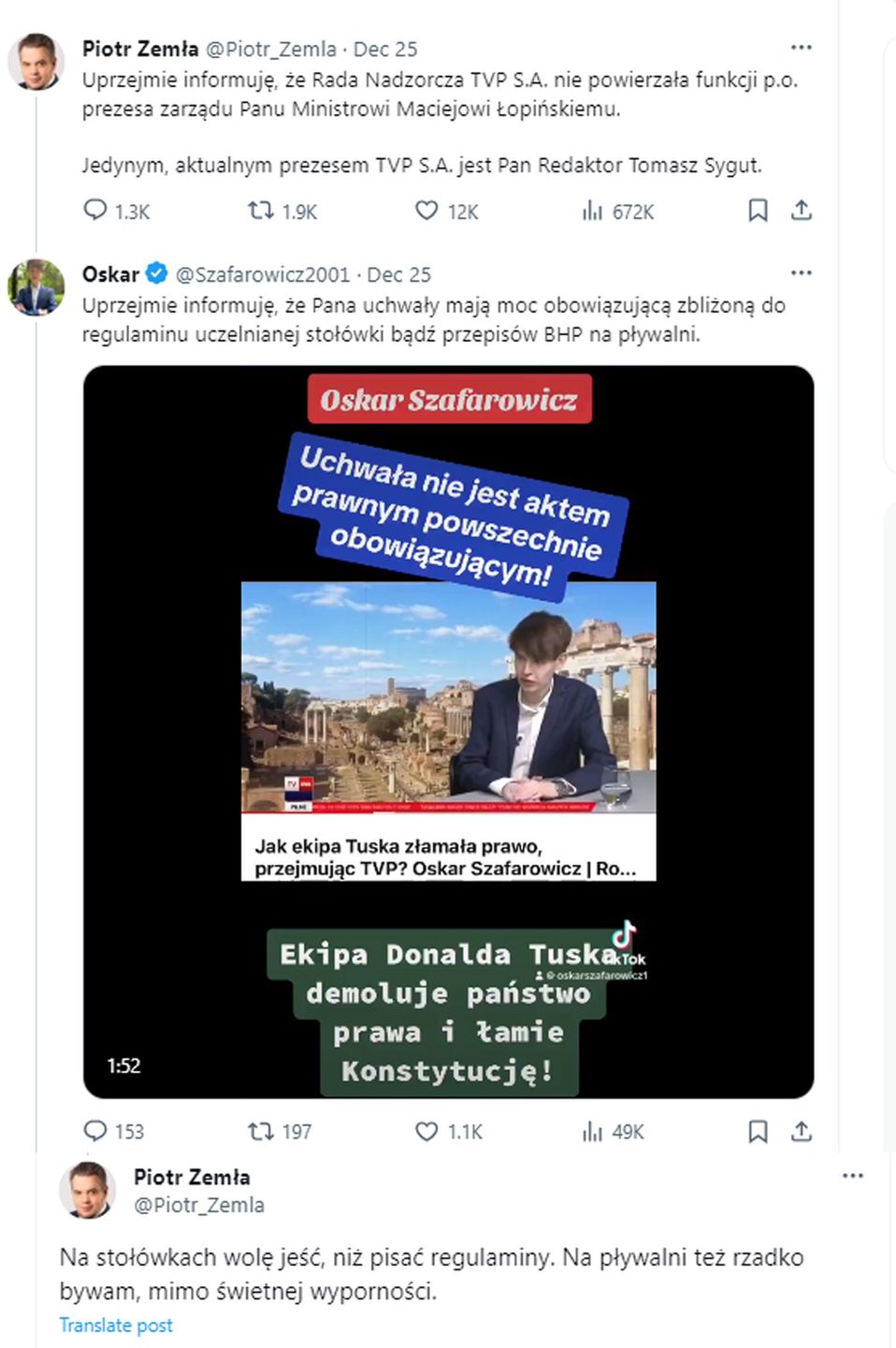 Młody działacz PiS komentuje wpis szefa Rady Nadzorczej TVP