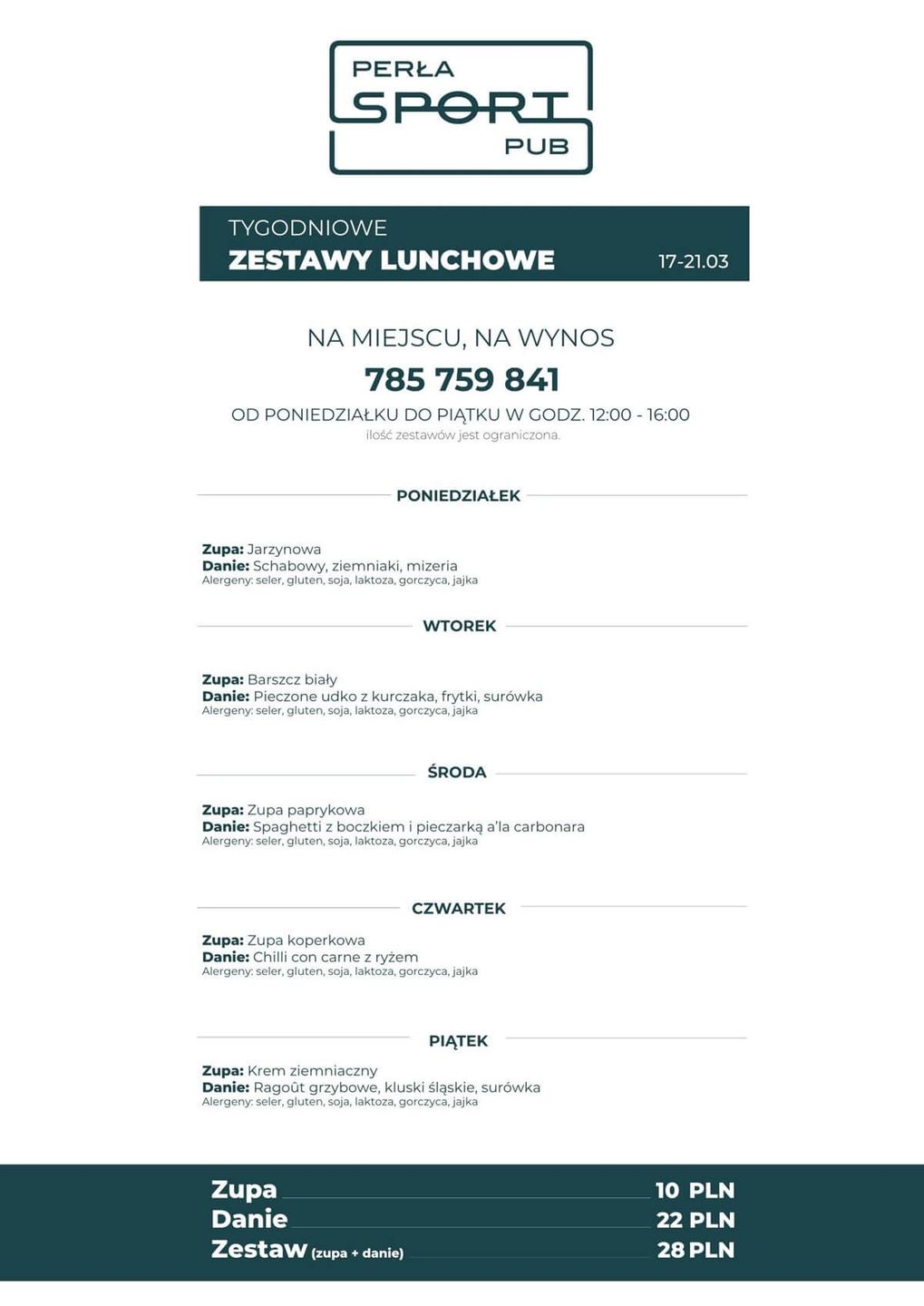 Perła Sport Pub lunch 17-21 marca