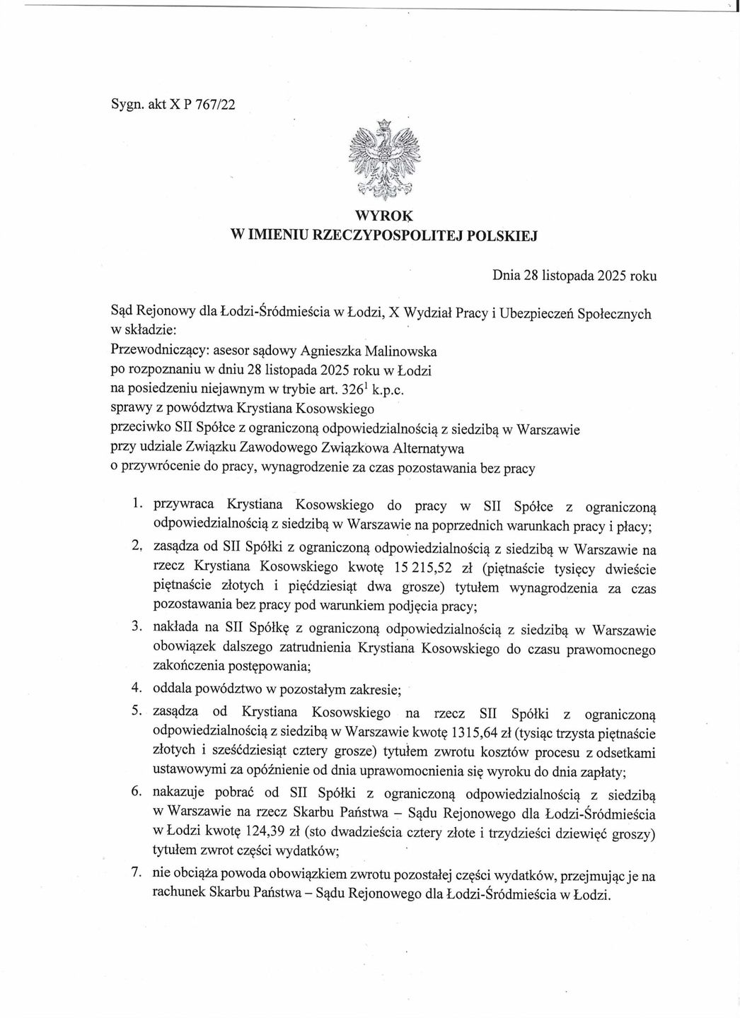 Wyrok Sądu Rejonowego Łódź-Śródmieście ws. Kosowskiego i Sii