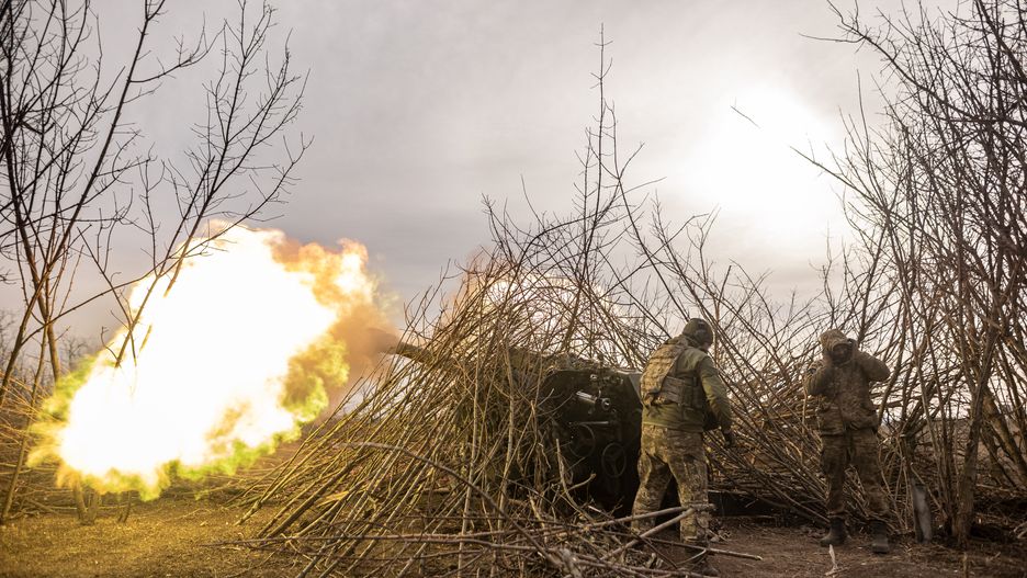 DONETSK OBLAST, UKRAINE - MARCH 5: Ukrainian soldiers firing artillery in the direction of Bakhmut as Russia-Ukraine war continues in Donetsk Oblast, Ukraine on March 5, 2024. (Photo by Diego Herrera Carcedo/Anadolu via Getty Images)