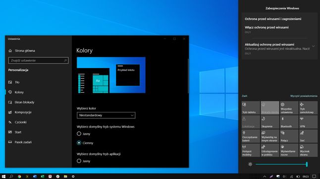 Ustawienia kolorów i Centrum Powiadomień w Windows 10 z ciemnym motywem.