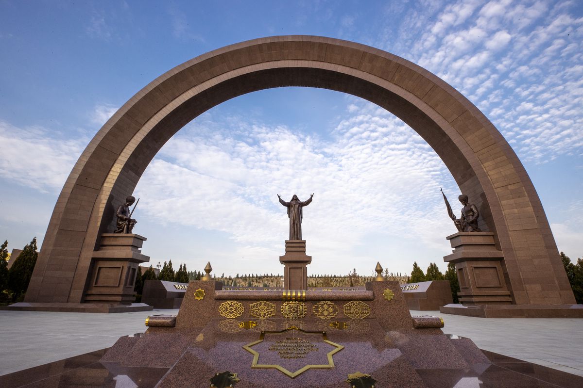 ASHGABAT, TURKMENISTAN - NOVEMBER 23: A view of Sons of the Nation monument in Ashgabat, Turkmenistanon November 23, 2021. Ashgabat is the capital and the largest city of Turkmenistan. It is situated between the Karakum Desert and the Kopet Dag mountain range in Central Asia. It is also near the Iran-Turkmenistan border. (Photo by Aytac Unal/Anadolu Agency via Getty Images)